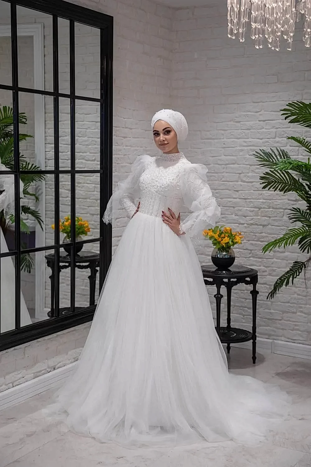 Bohem Kol Sırt Dekolteli Helen Tesettür Gelinlik